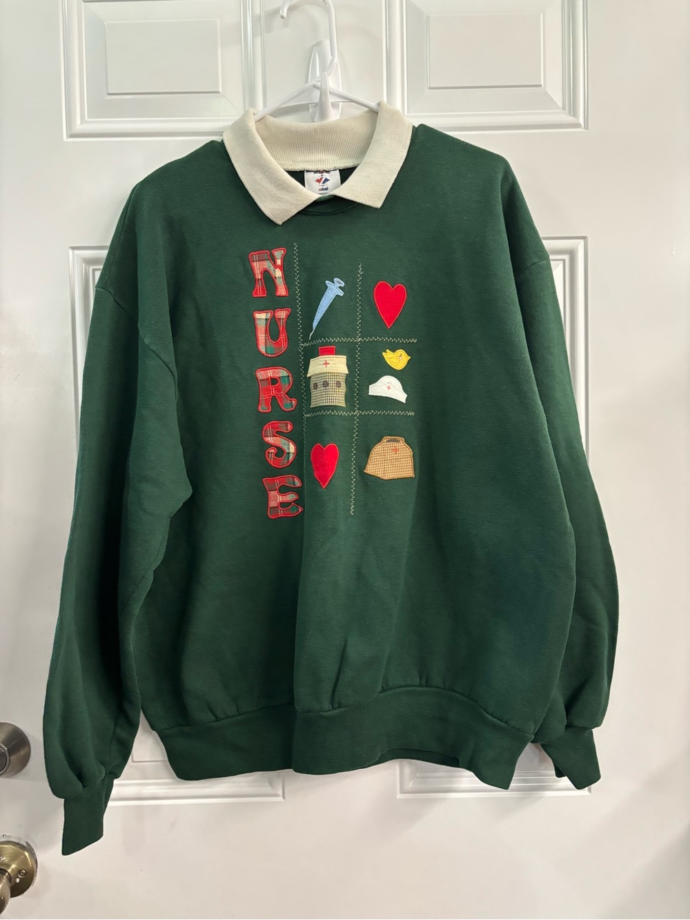 Vintage Nurse Graphic Green Polo-Collar Sweatshirt